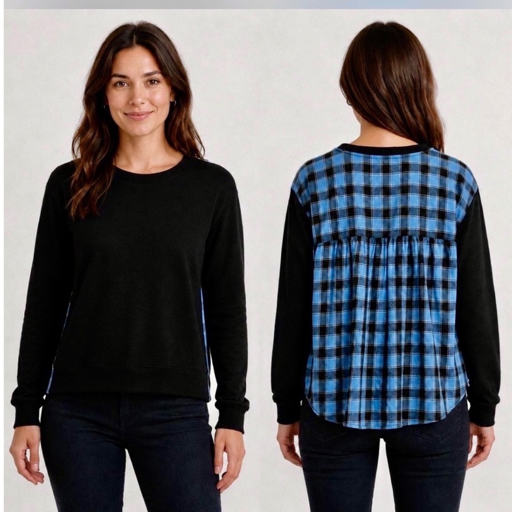 Pilcro Anthropologie Contrast Flannel Plaid Back Sweatshirt Black Blue Large